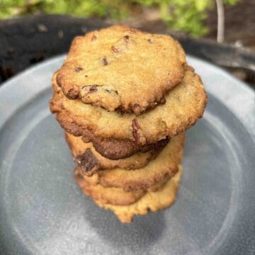 Stack of crispy chocolate chip cookies on a plate.