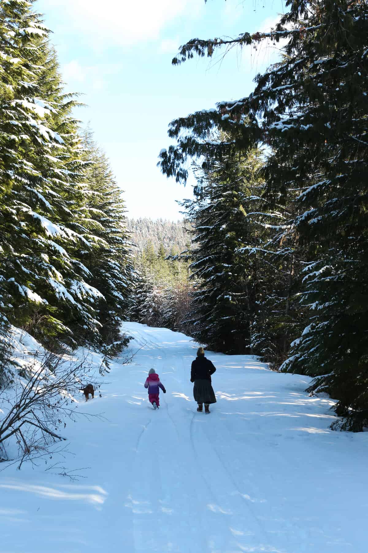 Woman and young girl running in snowy forest